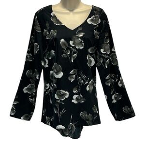 Avon Women V-Neck Roll Tab Sleeves Floral Tunic Top Blouses Size M Grey/Black